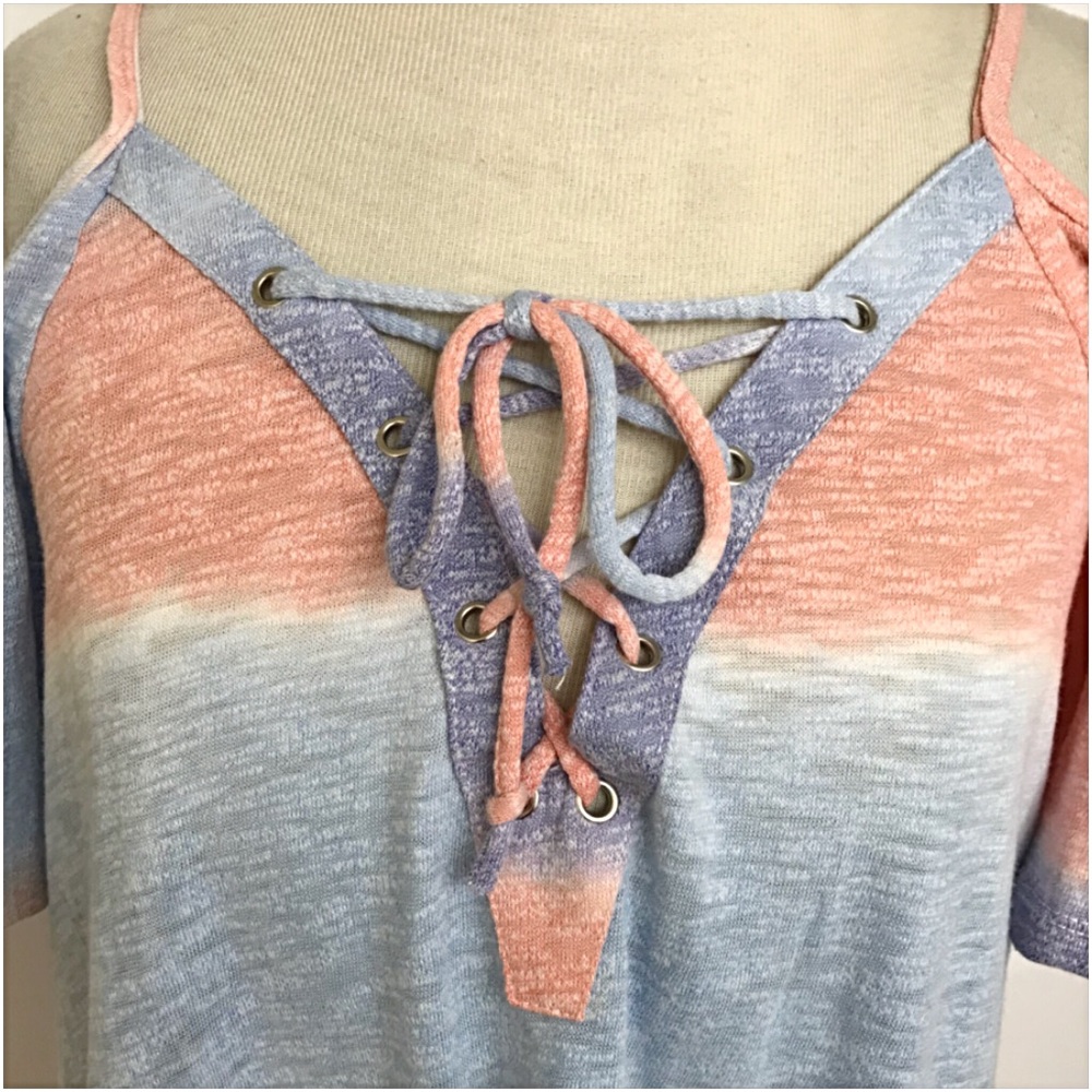 📍SALE Boho Chic Tie Dye Lace Up Flowy Top SML - Picture 6 of 7